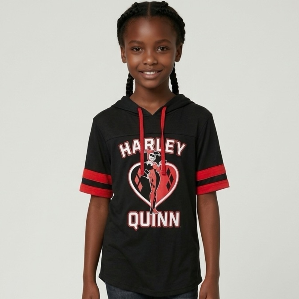 NWT DC Harley Quinn Unisex Black Red Graphic Pull Over Hoodie Shirt - Size M